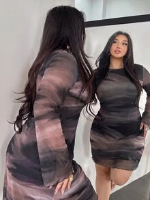 Firerie Plus Size Women's Ombre Gradient Backless Flare Sleeve Mesh Sheer Mini Dress,Chocolate Brown,Autumn,Classy Sexy,Wedding Guest Party Cocktail Club Fall - Dusty Purple - View 3
