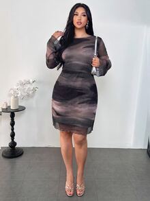 Firerie Plus Size Women's Ombre Gradient Backless Flare Sleeve Mesh Sheer Mini Dress,Chocolate Brown,Autumn,Classy Sexy,Wedding Guest Party Cocktail Club Fall - Dusty Purple - View 6