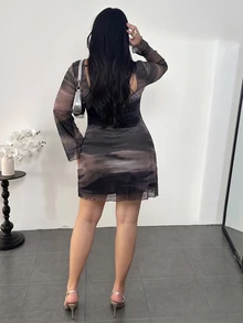 Firerie Plus Size Women's Ombre Gradient Backless Flare Sleeve Mesh Sheer Mini Dress,Chocolate Brown,Autumn,Classy Sexy,Wedding Guest Party Cocktail Club Fall - Dusty Purple - View 10