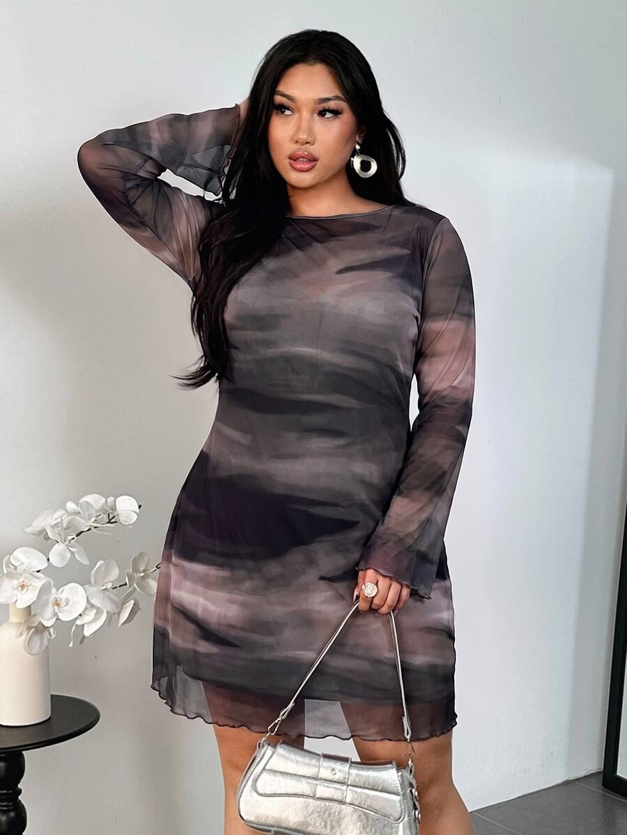Firerie Plus Size Women's Ombre Gradient Backless Flare Sleeve Mesh Sheer Mini Dress,Chocolate Brown,Autumn,Classy Sexy,Wedding Guest Party Cocktail Club Fall - Dusty Purple - View 1