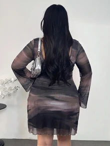 Firerie Plus Size Women's Ombre Gradient Backless Flare Sleeve Mesh Sheer Mini Dress,Chocolate Brown,Autumn,Classy Sexy,Wedding Guest Party Cocktail Club Fall - Dusty Purple - View 2