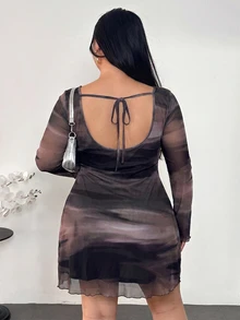 Firerie Plus Size Women's Ombre Gradient Backless Flare Sleeve Mesh Sheer Mini Dress,Chocolate Brown,Autumn,Classy Sexy,Wedding Guest Party Cocktail Club Fall - Dusty Purple - View 5