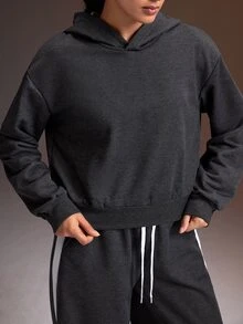 Powerista Women's Solid Color Drop Shoulder Long Sleeve Casual Hooded Sweatshirt - Dark Grey - View 4