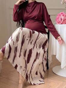 Dazy Maternity 寬鬆套頭長袖上衣與全花卉印花長裙兩件套，優雅休閒婚禮派對正式冬季孕婦裝，酒紅色 - 酒紅色 - 查看 4