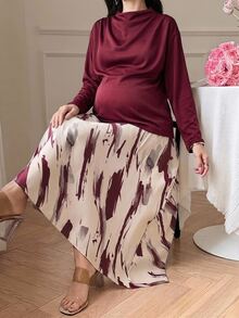 Dazy Maternity 寬鬆套頭長袖上衣與全花卉印花長裙兩件套，優雅休閒婚禮派對正式冬季孕婦裝，酒紅色 - 酒紅色 - 查看 5