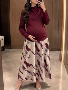 Dazy Maternity 寬鬆套頭長袖上衣與全花卉印花長裙兩件套，優雅休閒婚禮派對正式冬季孕婦裝，酒紅色 - 酒紅色 - 查看 1