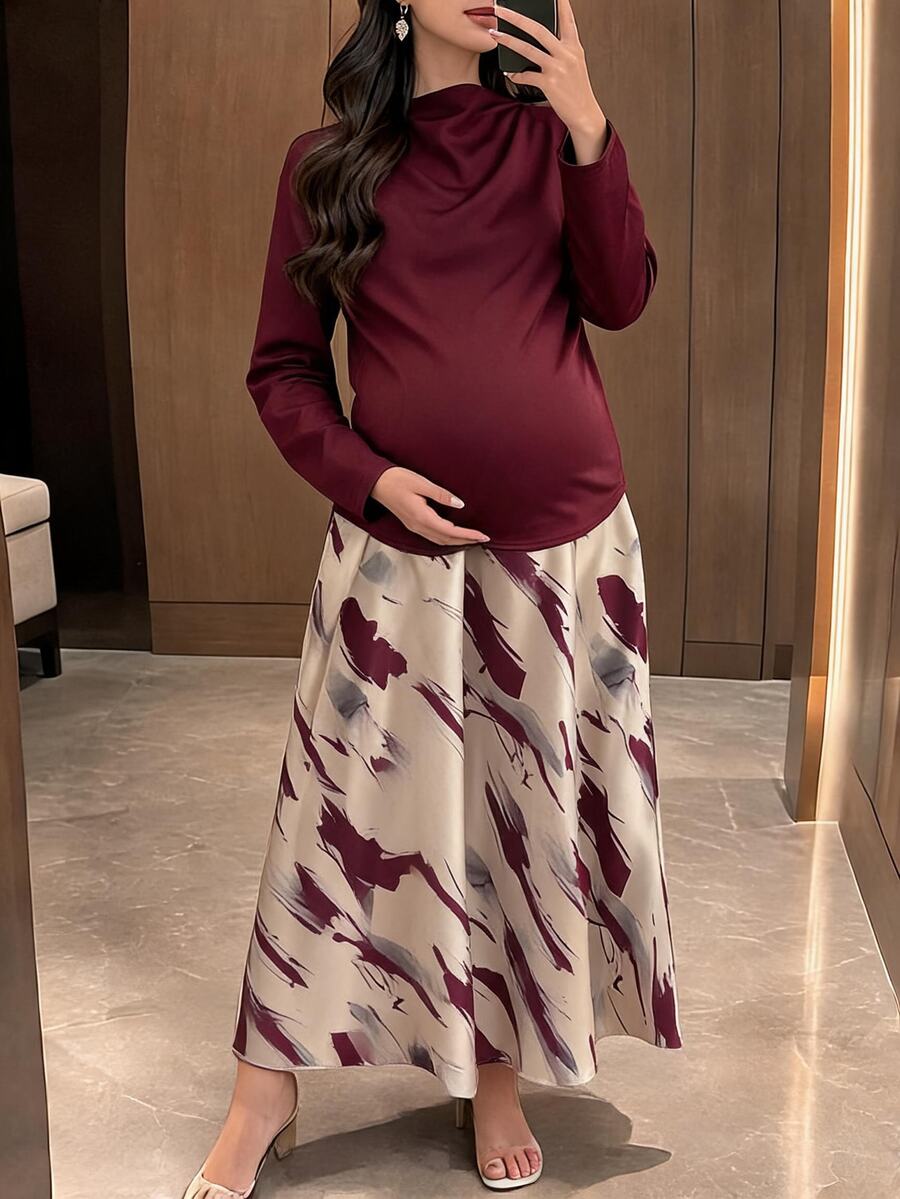 Dazy Maternity 寬鬆套頭長袖上衣與全花卉印花長裙兩件套,優雅休閒婚禮派對正式冬季孕婦裝,酒紅色 - 酒紅色 - 查看 1