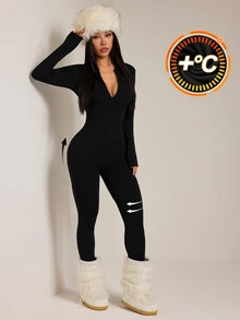 SHEIN PETITE Black Knit Women's Fitted Jumpsuit, Suitable For Autumn/Winter - Black - View 7