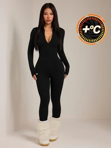 SHEIN PETITE Black Knit Women's Fitted Jumpsuit, Suitable For Autumn/Winter - Black - View 6
