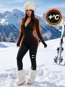 SHEIN PETITE Black Knit Women's Fitted Jumpsuit, Suitable For Autumn/Winter - Black - View 3
