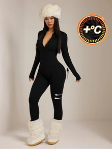 SHEIN PETITE Black Knit Women's Fitted Jumpsuit, Suitable For Autumn/Winter - Black - View 8
