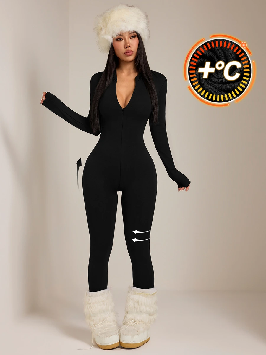 SHEIN PETITE Black Knit Women's Fitted Jumpsuit, Suitable For Autumn/Winter - Black - View 1