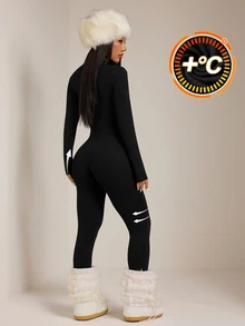 SHEIN PETITE Black Knit Women's Fitted Jumpsuit, Suitable For Autumn/Winter - Black - View 2