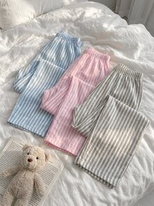 SHEIN Cottnline مجموعة ملابس منزلية نسائية مقاس صغير من القطن 3 قطع متعددة الألوان مخططة طويلة مريحة للنوم - متعدد الألوان - مشاهدة 8