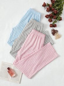SHEIN Cottnline مجموعة ملابس منزلية نسائية مقاس صغير من القطن 3 قطع متعددة الألوان مخططة طويلة مريحة للنوم - متعدد الألوان - مشاهدة 3