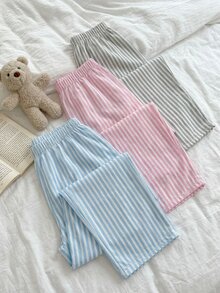 SHEIN Cottnline مجموعة ملابس منزلية نسائية مقاس صغير من القطن 3 قطع متعددة الألوان مخططة طويلة مريحة للنوم - متعدد الألوان - مشاهدة 5