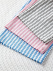 SHEIN Cottnline مجموعة ملابس منزلية نسائية مقاس صغير من القطن 3 قطع متعددة الألوان مخططة طويلة مريحة للنوم - متعدد الألوان - مشاهدة 6