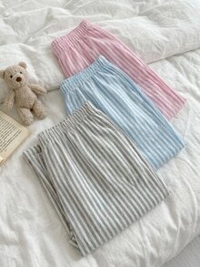 SHEIN Cottnline مجموعة ملابس منزلية نسائية مقاس صغير من القطن 3 قطع متعددة الألوان مخططة طويلة مريحة للنوم - متعدد الألوان - مشاهدة 7