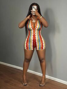 Slaydiva Women's Sexy Beach Vacation Colorblock Serrated Pattern Sleeveless Half-Button Front Bodycon Romper - Multicolor - View 7