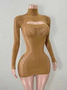 Zolique Women's Solid Color Stand Collar Long Sleeve Cutout Sexy Bodycon Dress - Gold - View 4
