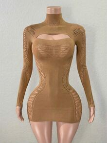 Zolique Women's Solid Color Stand Collar Long Sleeve Cutout Sexy Bodycon Dress - Gold - View 6