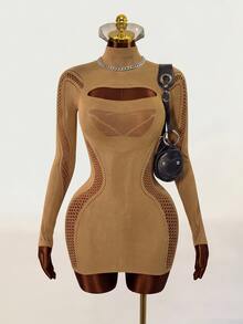 Zolique Women's Solid Color Stand Collar Long Sleeve Cutout Sexy Bodycon Dress - Gold - View 1