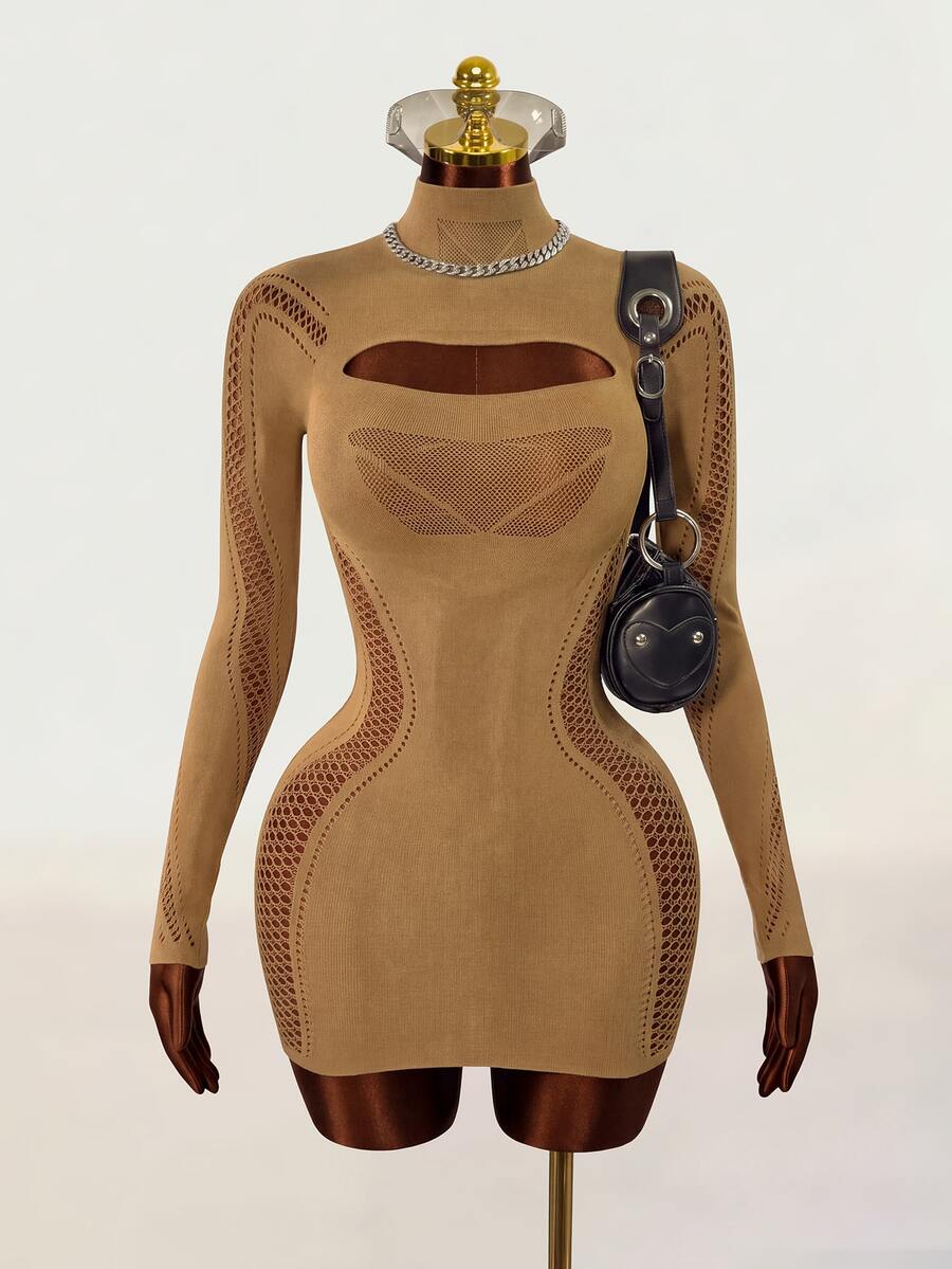 Zolique Women's Solid Color Stand Collar Long Sleeve Cutout Sexy Bodycon Dress - Gold - View 1