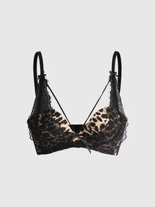 ROMWE Y2K Seamless Bra For Small Bust, Leopard Print Sexy Lace Bra, Lift And Support, New Leopard Lace Lingerie [For Flat Chest] - Multicolor - View 1