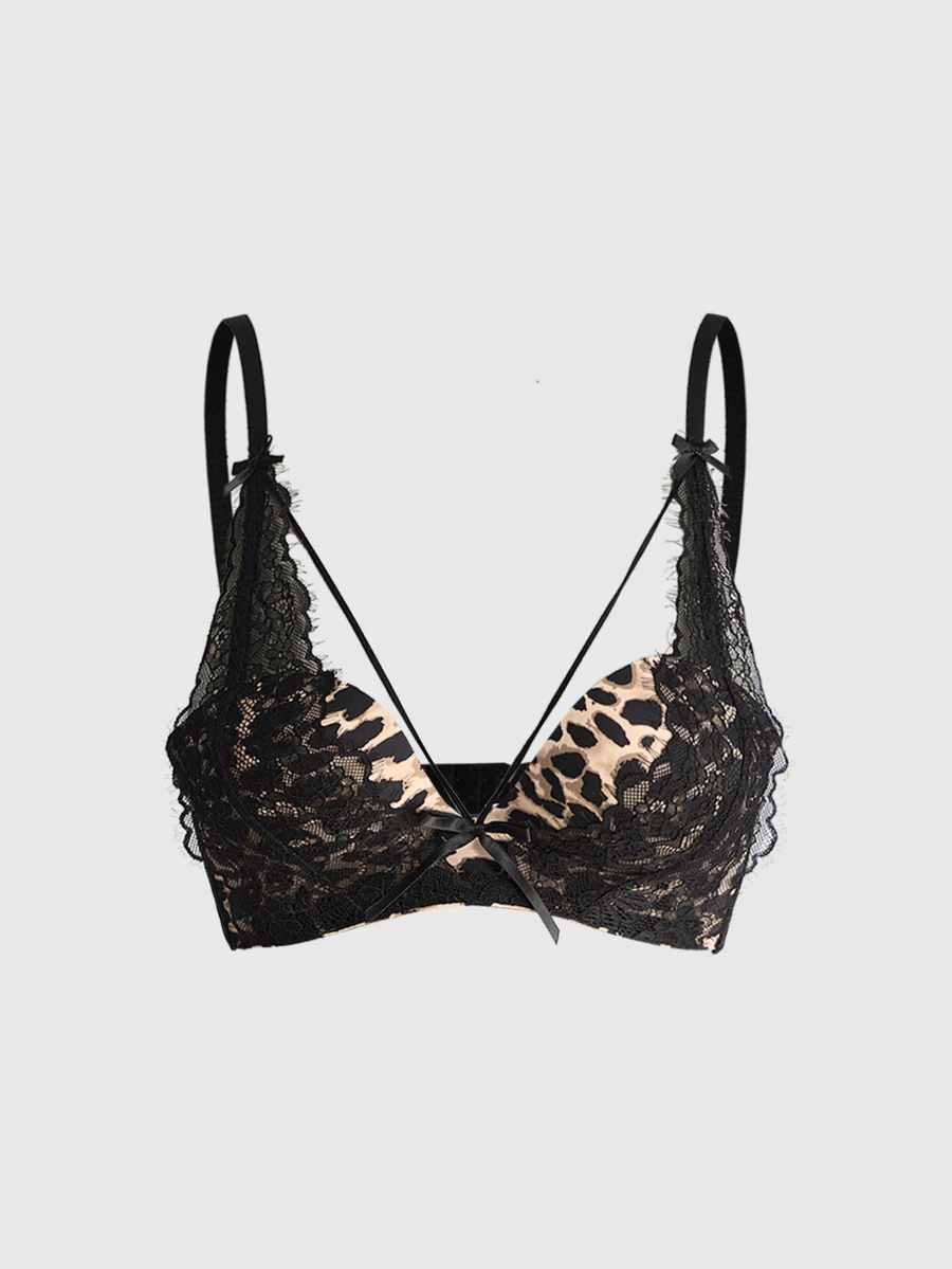 ROMWE Y2K Seamless Bra For Small Bust, Leopard Print Sexy Lace Bra, Lift And Support, New Leopard Lace Lingerie [For Flat Chest] - Multicolor - View 1