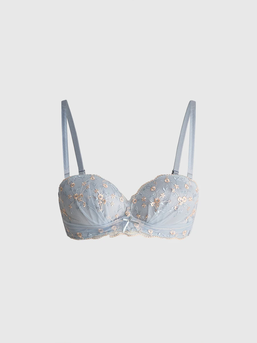 Sweetness Ladies Push-Up Lace Floral Backless Strapless Bra For Small Bust [For Flat Chest], Cool Light Blue - Blue - View 1