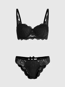 ROMWE Goth 1 Set Women's Black Sexy Lingerie Set, Elegant Lace Breathable Non-Sagging Bra Set, Comfortable Bra Set - Black - View 2