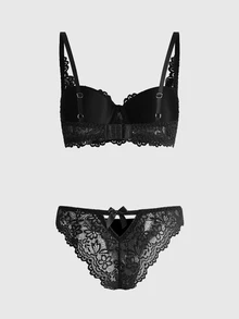 ROMWE Goth 1 Set Women's Black Sexy Lingerie Set, Elegant Lace Breathable Non-Sagging Bra Set, Comfortable Bra Set - Black - View 3