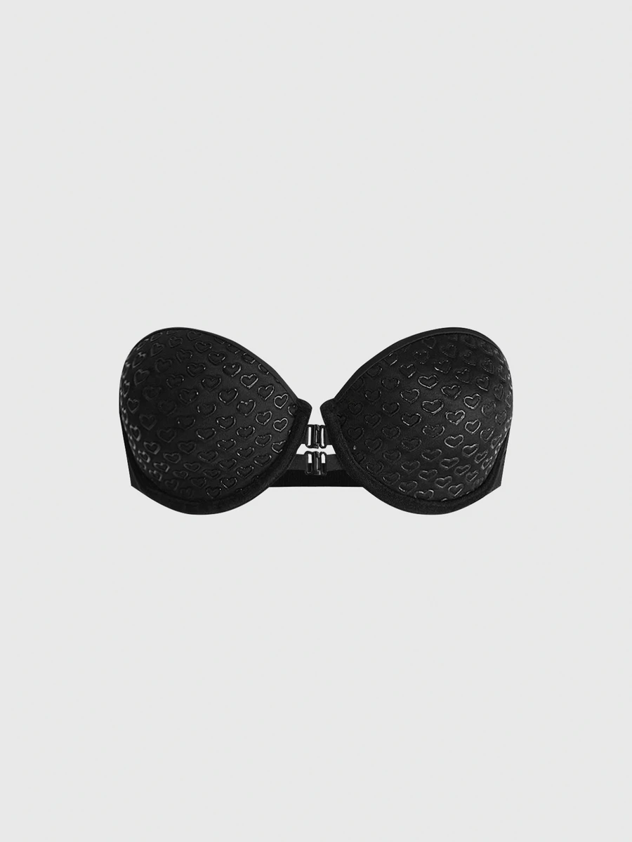 ROMWE Y2K Women's Black Strapless Bra, Sexy Invisible Strapless Bra With Front Clasp, Underwire Push Up Bra With Backless Design, Invisible Non-Slip Supportive Thin Top Thick Bottom Bra For Small Bust