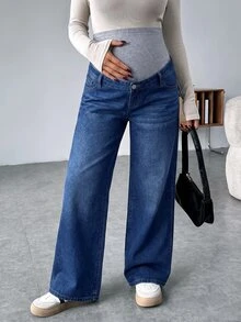 SHEIN Maternity Grey Knit Belly Support Patchwork Vintage Blue Denim Loose Fit Long Pants Winter Outfit For Women - Blue - View 6