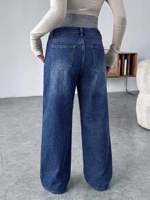 SHEIN Maternity Grey Knit Belly Support Patchwork Vintage Blue Denim Loose Fit Long Pants Winter Outfit For Women - Blue - View 3
