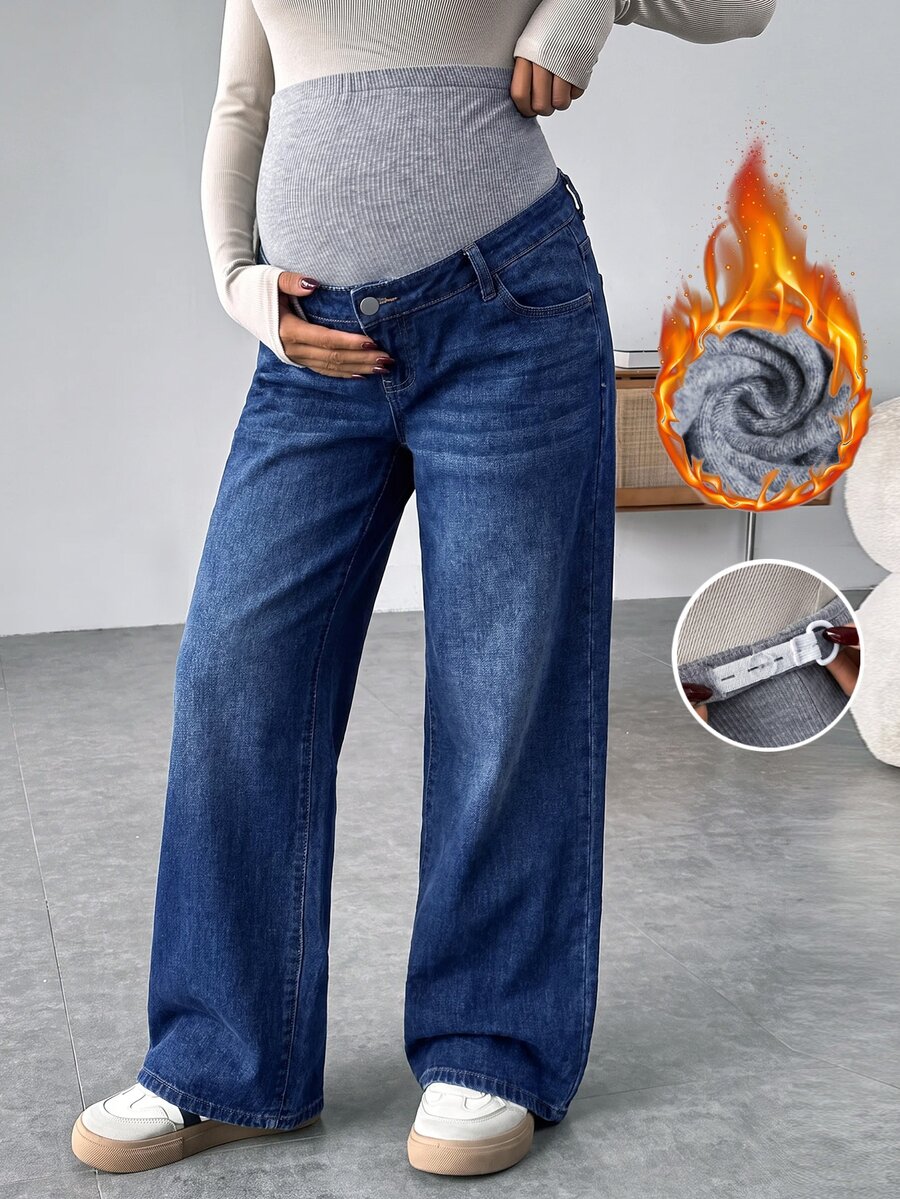 SHEIN Maternity Grey Knit Belly Support Patchwork Vintage Blue Denim Loose Fit Long Pants Winter Outfit For Women - Blue - View 1