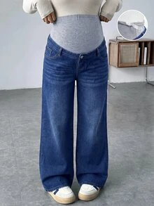 SHEIN Maternity Grey Knit Belly Support Patchwork Vintage Blue Denim Loose Fit Long Pants Winter Outfit For Women - Blue - View 5