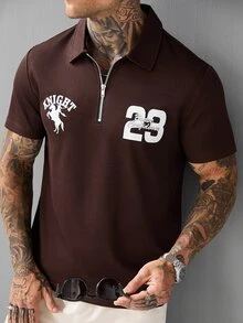 SLATEMANN 男士夏季休閒字母印花翻領 Polo 衫 - 棕色 - 查看 3