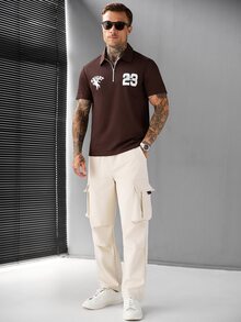 SLATEMANN 男士夏季休閒字母印花翻領 Polo 衫 - 棕色 - 查看 7