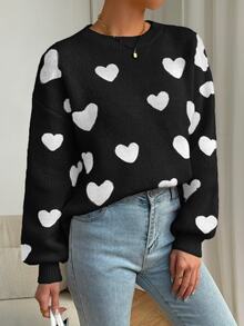 SHEIN PariChic Women's Heart Pattern Drop Shoulder Long Sleeve Loose Casual Cute Sweater Everyday Date Black And White Autumn - Multicolor - View 7