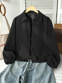 SHEIN 女青少年領口拉鍊夾克，寬鬆落肩休閒短版上衣，彈性下擺設計，極簡純色百搭風格，俐落長袖版型，耐穿易打理面料，適合學生日常上學、出遊、購物、通勤，春秋萬用休閒外套上衣，隨性街頭風 - 黑色 - 查看 9