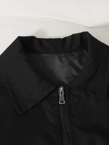 SHEIN 女青少年領口拉鍊夾克，寬鬆落肩休閒短版上衣，彈性下擺設計，極簡純色百搭風格，俐落長袖版型，耐穿易打理面料，適合學生日常上學、出遊、購物、通勤，春秋萬用休閒外套上衣，隨性街頭風 - 黑色 - 查看 5