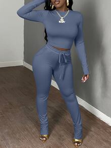 Slaydiva 2 件套女士休闲基本款秋冬圆领长袖紧身短款上衣和抽绳松紧腰紧身裤运动服套装 - 水鴨藍 - 查看 4