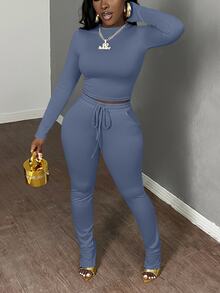 Slaydiva 2 件套女士休闲基本款秋冬圆领长袖紧身短款上衣和抽绳松紧腰紧身裤运动服套装 - 水鴨藍 - 查看 5