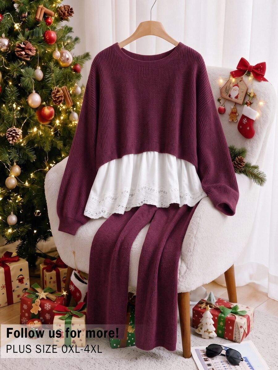 CosyJoli Plus Size Women's Solid Color Sweater Patchwork Set Suitable For Dating, Vacation, Party, Daily Outings, Gatherings, Outdoor Activities Winter