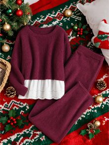 CosyJoli Plus Size Women's Solid Color Sweater Patchwork Set Suitable For Dating, Vacation, Party, Daily Outings, Gatherings, Outdoor Activities Winter - Red - View 5