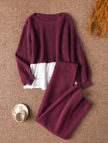 CosyJoli Plus Size Women's Solid Color Sweater Patchwork Set Suitable For Dating, Vacation, Party, Daily Outings, Gatherings, Outdoor Activities Winter - Red - View 4