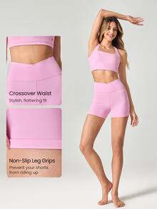 GLOWMODE 4.3" FeatherFit™ Crossover Anti-Slip Biker Shorts With Built-In Seamless Shorts Low Impact Yoga Pilates Daily Gym - Bubblegum Pink - View 4