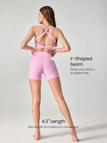 GLOWMODE 4.3" FeatherFit™ Crossover Anti-Slip Biker Shorts With Built-In Seamless Shorts Low Impact Yoga Pilates Daily Gym - Bubblegum Pink - View 3