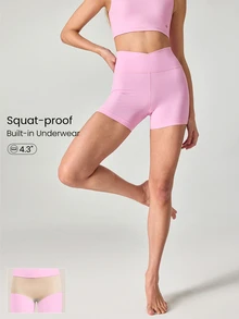GLOWMODE 4.3" FeatherFit™ Crossover Anti-Slip Biker Shorts With Built-In Seamless Shorts Low Impact Yoga Pilates Daily Gym - Bubblegum Pink - View 1